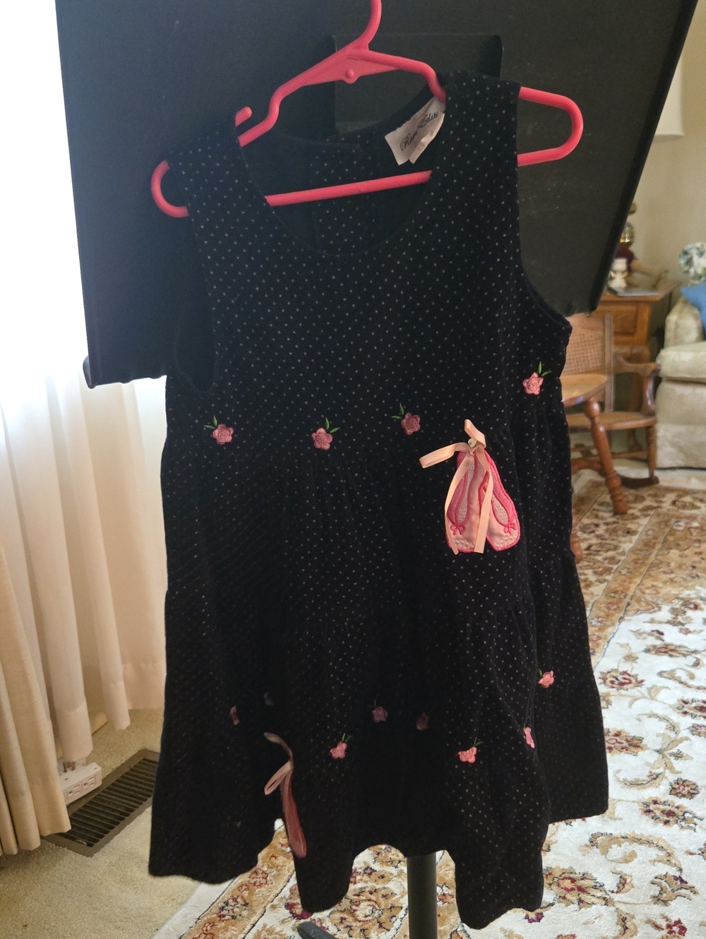 Navy Dot Embroidered Girls' Dress with Pink Rose Accents